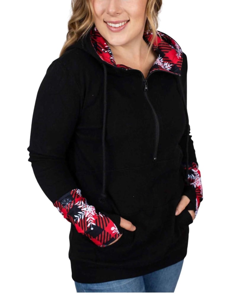 Front of a model wearing a size L Plaid And Snowflake Half Zip Hoodie in Black/Plaid Snowflake in Black/Plaid Snowflake by Michelle Mae. | dia_product_style_image_id:327628